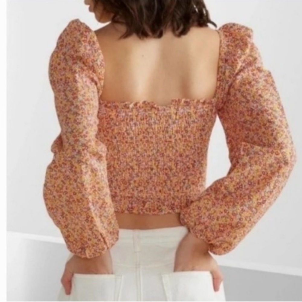 MINKPINK Morewell Floral Puff Sleeve Smocked Top Medium - Picture 2 of 9